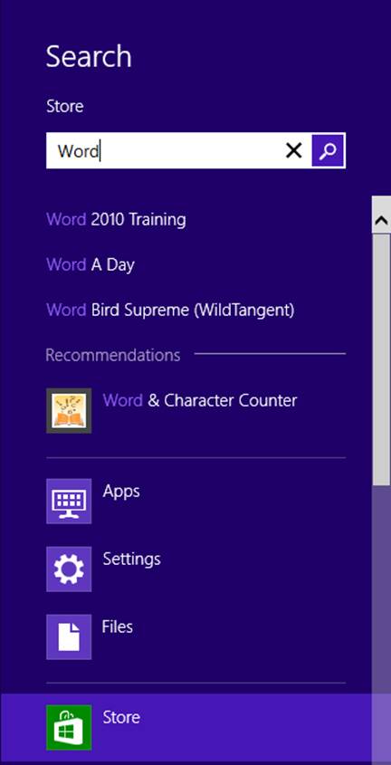 A screenshot of the query suggestions and result recommendations from the Store app in Windows 8. The word “Word” is entered in the search box, and search results include Word 2010 Training, Word A Day, and others.
