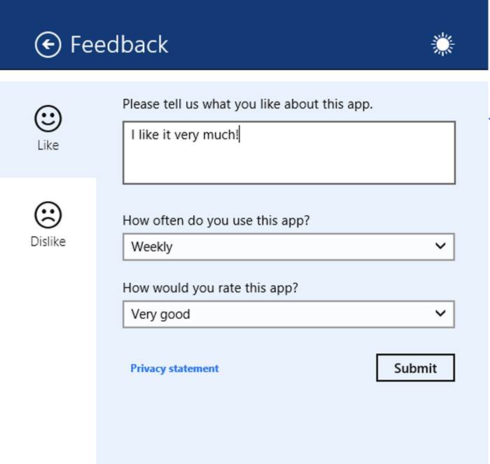 A screenshot of a feedback form included in the Weather app in Windows 8. The form includes a text box in which the user can type a comment explaining what he or she likes about the app. The user can also choose options from two drop-down lists: one for how often the app is used and the other for rating the app. The feedback form is accessible through the Settings charm as a command.
