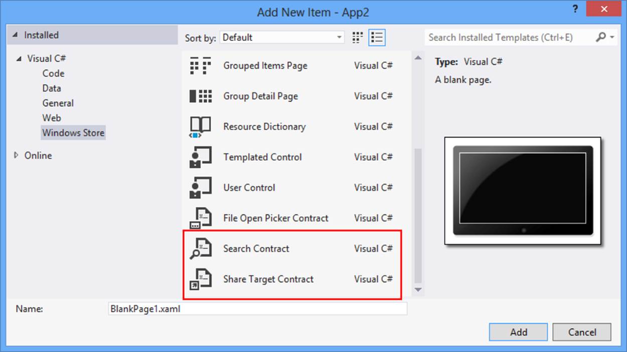 A screenshot of the Add New Item dialog box. Windows Store is selected in the Visual C# tree on the left. Several template names are displayed in the middle pane, with a callout box drawn around Search contract and Share Target Contract.