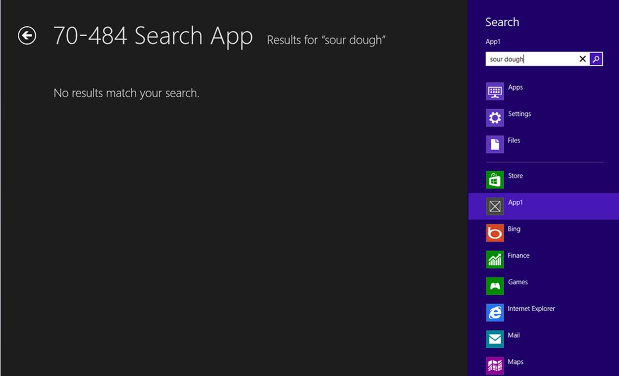 A screenshot of a Windows Store app showing the default view of the search results page. The Search pane appears on the right with the term “sour dough” entered in the search box. A “No results match your search” message appears in the main part of the page.