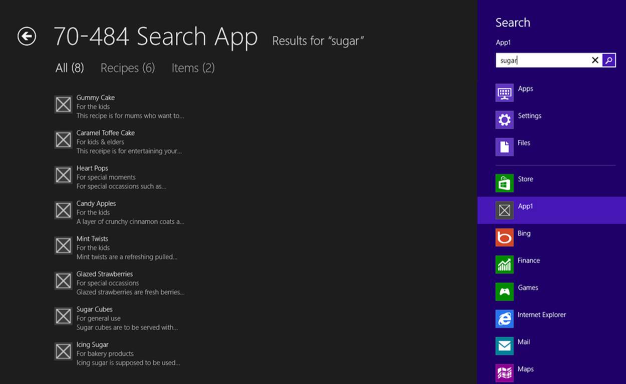 A screenshot of a Windows Store app with search results displayed, along with a preview of search result items.