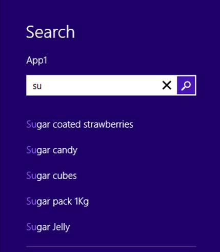 A screenshot of the Search pane in a Windows Store app. The text “su” is entered into the search box. Search suggestions, such as “Sugar coated strawberries” and “Sugar candy” appear below the search box.