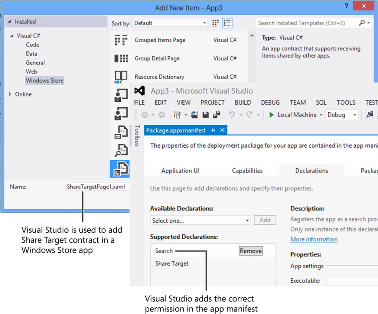 Two screenshots showing a Visual Studio dialog box and window. The Share Target Contract option is highlighted in the Add New Item dialog box. The Search and Share Target declarations appear in the package manifest window.