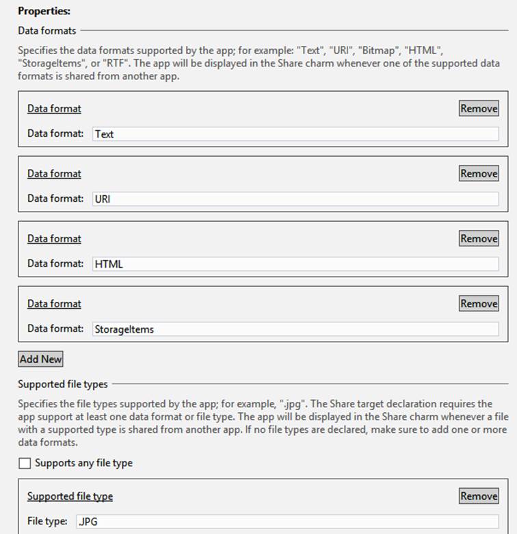 A partial screenshot of the package manifest in Visual Studio showing the data formats and file types in a Windows Store app. Data format options that are displayed include Text, URI, HTML, and StorageItems. The bottom part of the screenshot shows supported file types, with JPG selected.