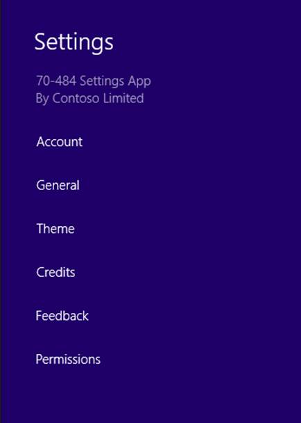 A screenshot of the Settings charm showing the entry points for settings in a Windows Store app. The options include Account, General, Theme, Credits, Feedback, and Permissions.