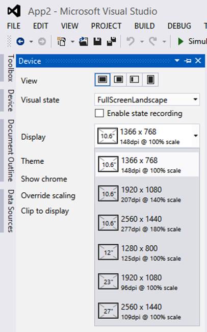 A screenshot of the Visual State menu in the Visual Studio XAML designer showing the options available to test for various screen sizes and resolutions. The options range from 1366 × 768, 148 dpi, on a 10.5” screen to 2560 × 1440, 109 dpi, on a 27” screen.
