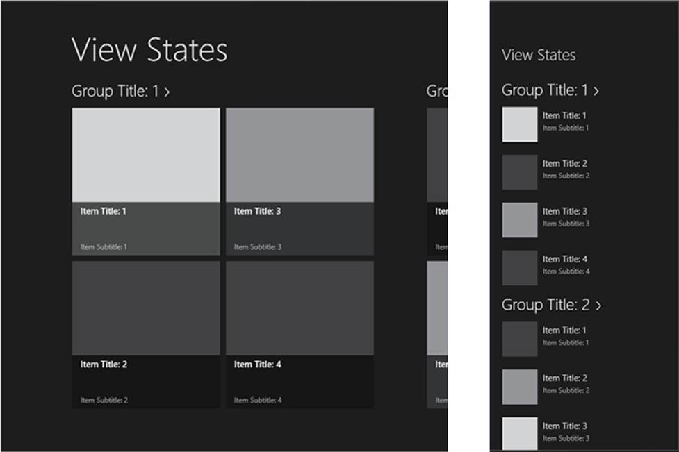 Screenshots of a Windows Store app built with the Grid App template in the full screen landscape state (on the left) and the snapped state (on the right).