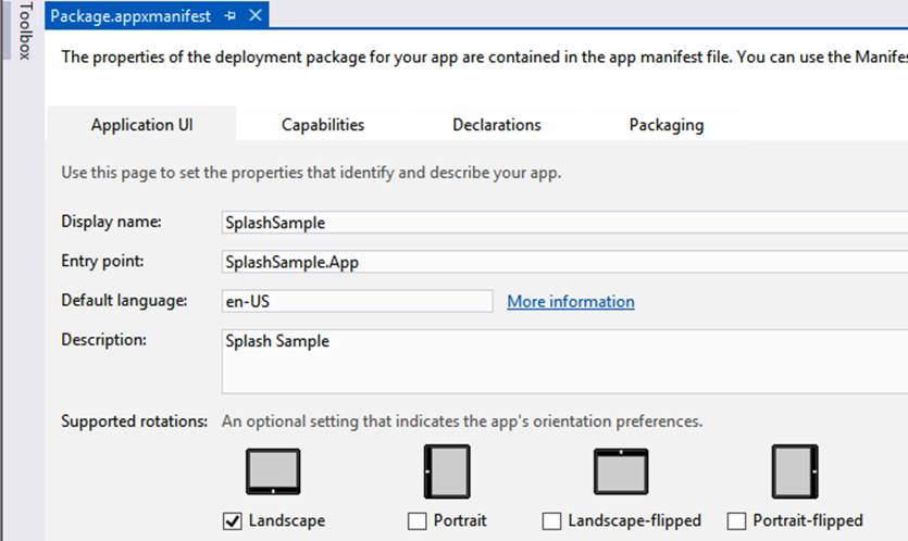 A screenshot of the Application UI tab for the package manifest file in Visual Studio. The screen displays options for setting the preferred orientation: Landscape (which is selected), Portrait, Landscape-flipped, and Portrait-flipped.