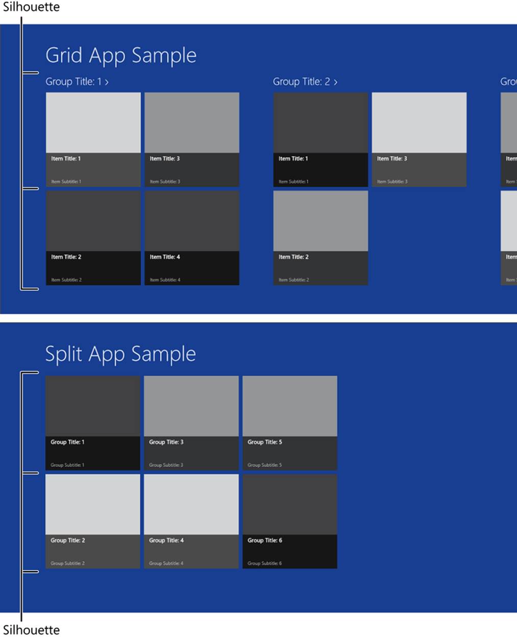 Screenshots of the Visual Studio Grid App template (top) and the Split App template (bottom). A callout points to the top, left, and bottom silhouettes in each screenshot.