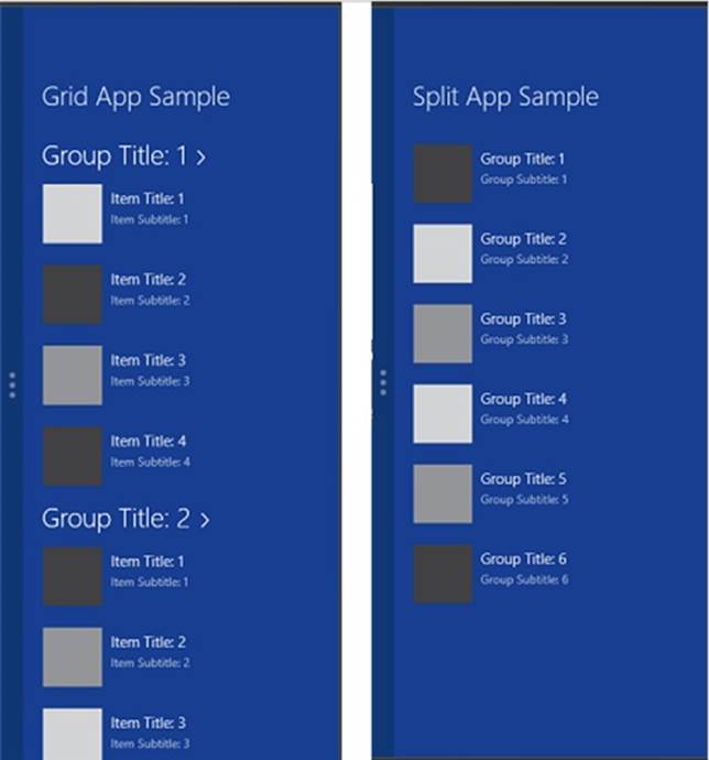 Screenshots of the Visual Studio Grid App and Split App templates in the snapped view state.