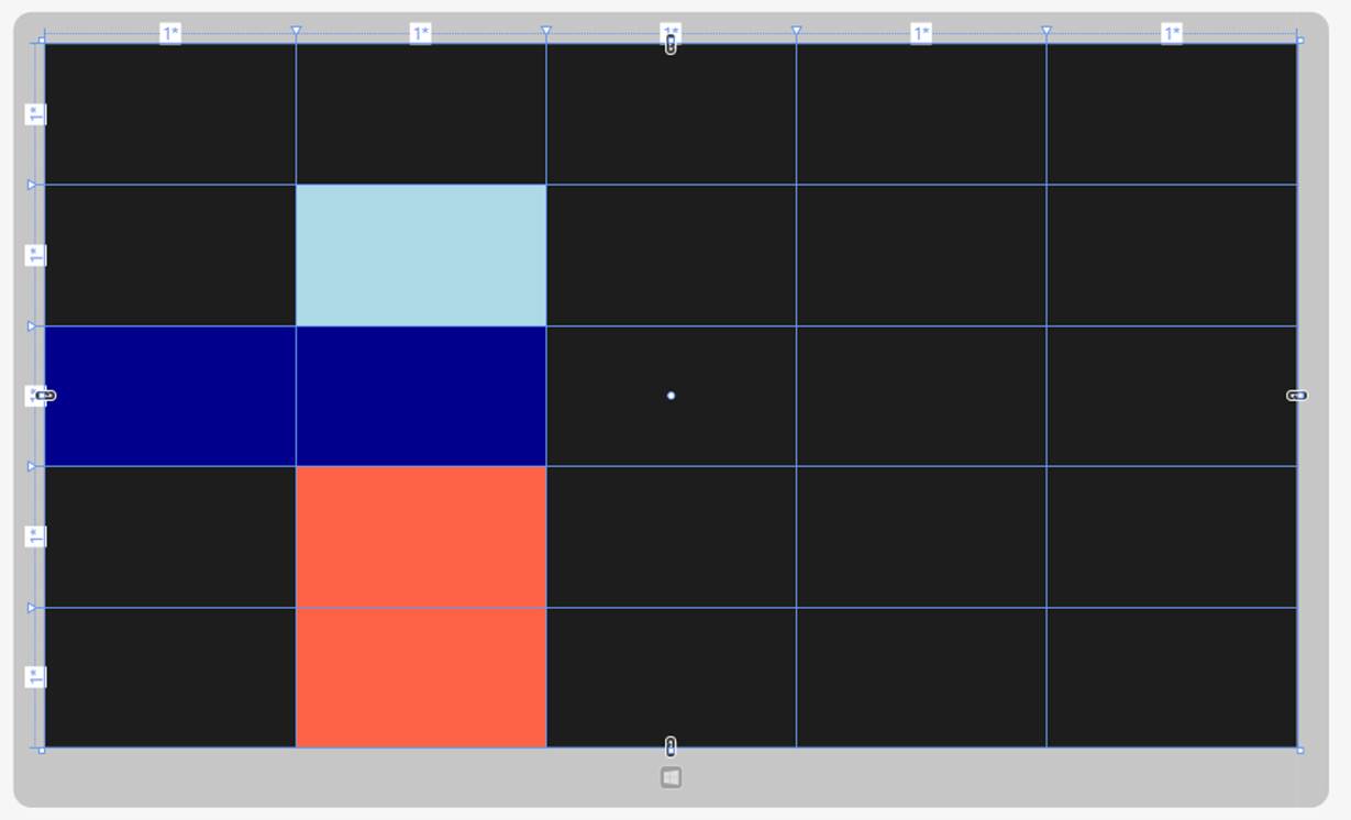 A screenshot of the Visual Studio designer showing the layout of controls in a grid. The grid has 5 rows and 5 columns. Four cells in the second column are colored: one is light blue, one is dark blue, and the last two are light red. Two cells in the third row are colored; both are dark blue.