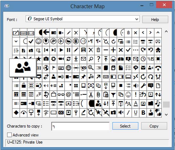 A screenshot of the Character Map tool showing the various icons in the Segoe UI Symbol font family. You can copy the characters from this tool and use them as icons in the buttons in the app bar. In the screenshot, the groups icon is selected, which displays the hexadecimal value, at the bottom of the dialog box. You can copy the value into the XAML style.