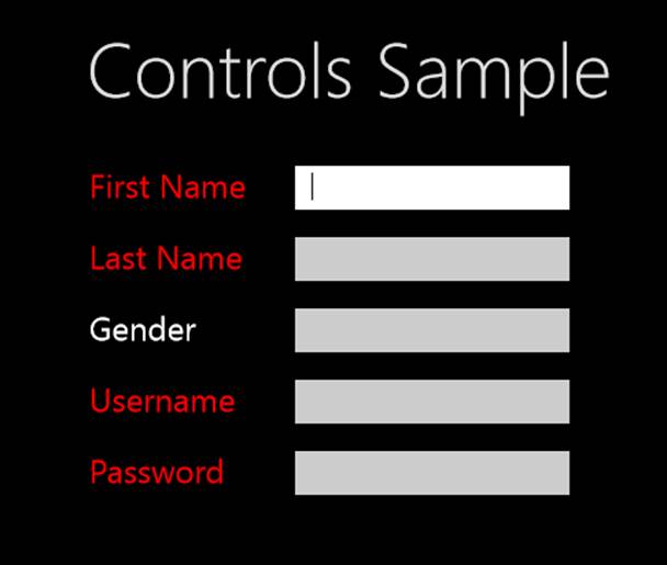 A screenshot of an app named Controls Sample. The app displays several boxes with labels to the left: First Name, Last Name, Gender, Username, and Password.