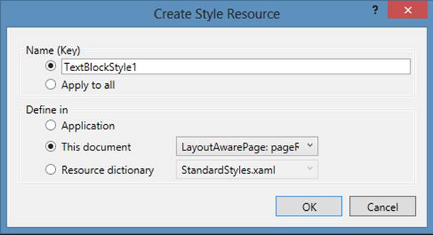 A screenshot of the Create Style Resource dialog box in Visual Studio. The selected options are Name (Key)/TextBlockStyle1 and Define in This document.