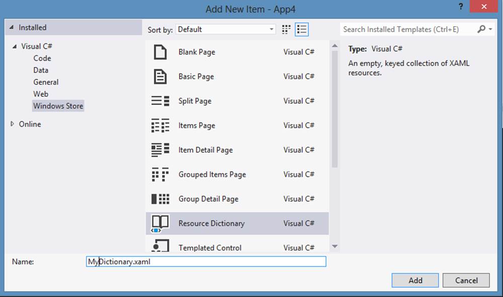 A screenshot of the Add New Item dialog box in Visual Studio. Windows Store is selected in the Visual C# tree on the left. Resource Dictionary is selected in the middle pane. The new item is being name MyDictionary.xaml in the Name box at the bottom of the dialog box.