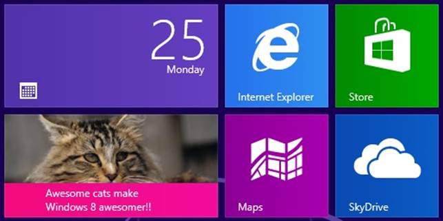 A screenshot of several tiles, one of which has a local tile notification with an image of a cat and text that reads “Awesome cats make Windows 8 awesomer!!”