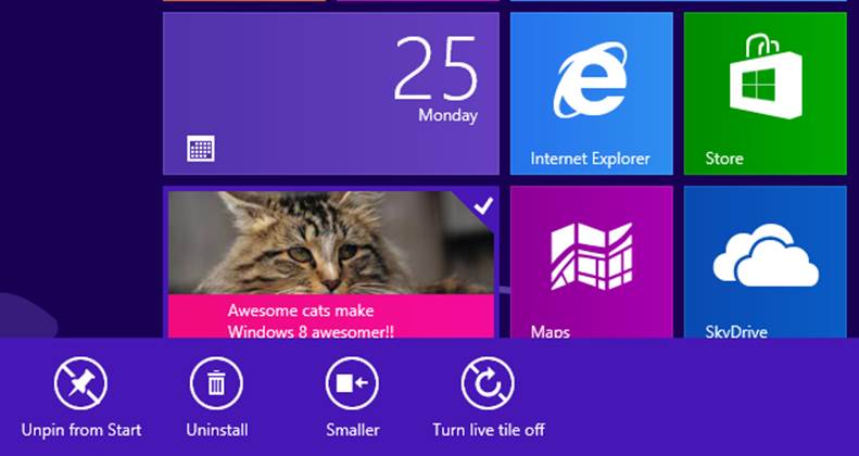A screenshot of a portion of the Windows 8 desktop with an app selected. The app’s tile has a checkmark in the top right corner. An app bar displays at the bottom of the screen. The bar provides several commands: Unpin from Start, Uninstall, Smaller, and Turn live tile off.
