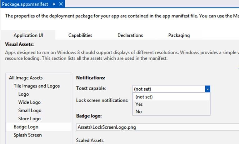 A screenshot of the Application UI tab in the package manifest editor in Visual Studio. The screen shows the Toast capable drop-down list items: (not set), Yes, and No. To use toast notifications in your app, you must select Yes.