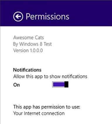 A screenshot of the Permissions section of the Settings charm of a Windows Store app. The main part of the screen states “Allow this app to show notifications”, followed by an On/Off slider bar in the On position.