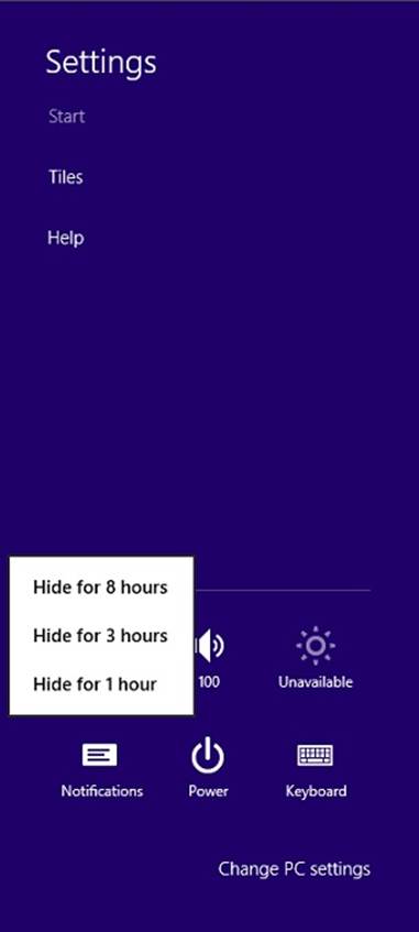 A screenshot of the Settings charm of a Windows Store app. Clicking the Notifications command at the bottom of the charm displays a menu. The items are: Hide for 8 hours, Hide for 3 hours, Hide for 1 hour.