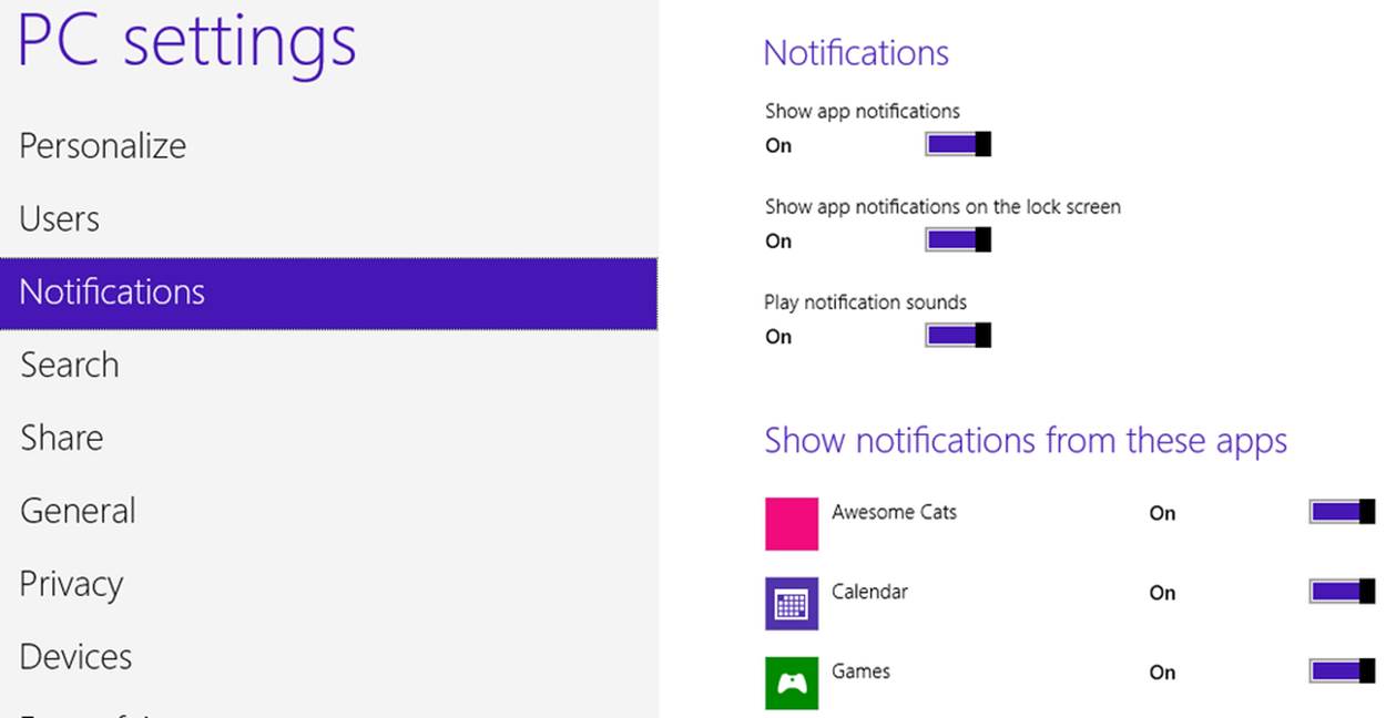 A screenshot of the PC Settings screen. The Notifications option is selected in the left pane. In the top part of the right pane, three options are turned on: Show app notifications, Show app notifications on the lock screen, Play notification sounds. Settings in the lower part of the right pane will show notifications for the Awesome Cats, Calendar, and Games apps.