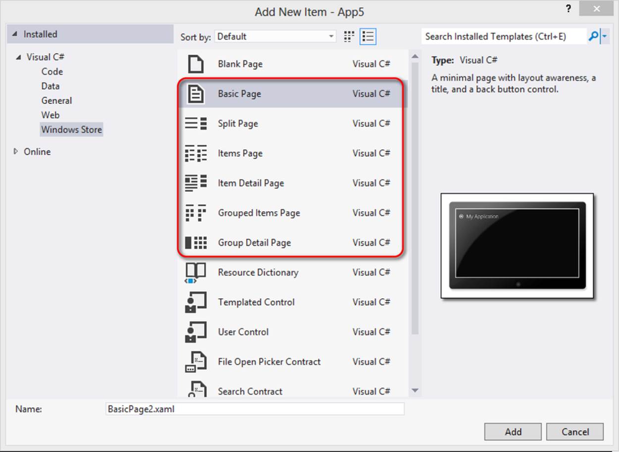 A screenshot of the Add New Item dialog box in Visual Studio. Windows Store in the Visual C# tree is selected on the left. Several options in the middle pane are surrounded by a callout box: Basic Page (selected), Split Page, Items Page, Item Detail Page, Grouped Items Page, Group Detail page. The options are the pages that derive from the LayoutAwarePage class and can be used in Windows Store projects.