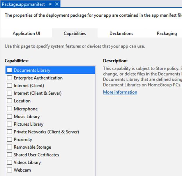 A screenshot of the Capabilities tab in the package manifest editor in Microsoft Visual Studio. Some of the capabilities are Documents Library, Enterprise Authentication, Internet (Client), Internet (Client & Server), and many more.