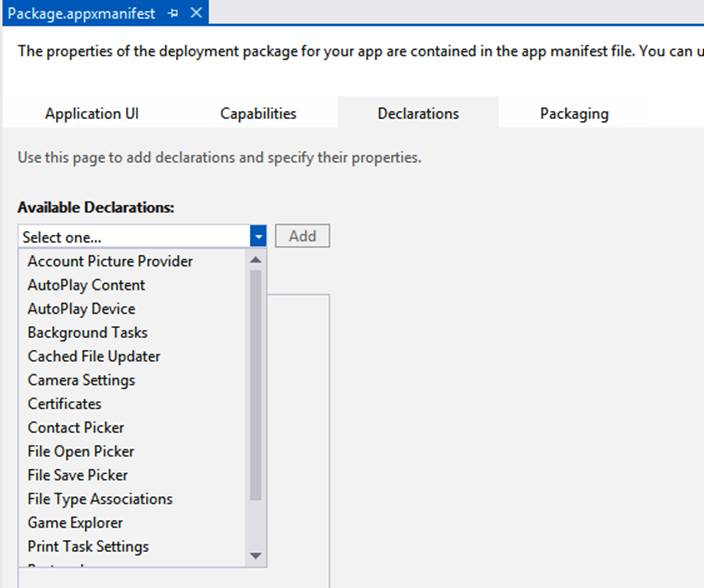 A screenshot showing the Declarations tab in the package manifest editor in Visual Studio. The Available Declarations list is shown, which includes declarations for file pickers and file type associations.