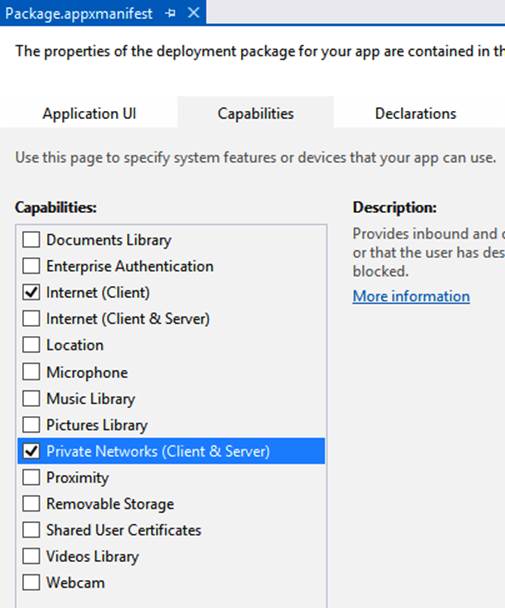 A screenshot of the Capabilities tab in the package manifest editor in Visual Studio. The screen shows capabilities required for supporting HttpClient in a Windows Store app. The Internet (Client) and the Private Networks (Client & Server) capabilities are selected.