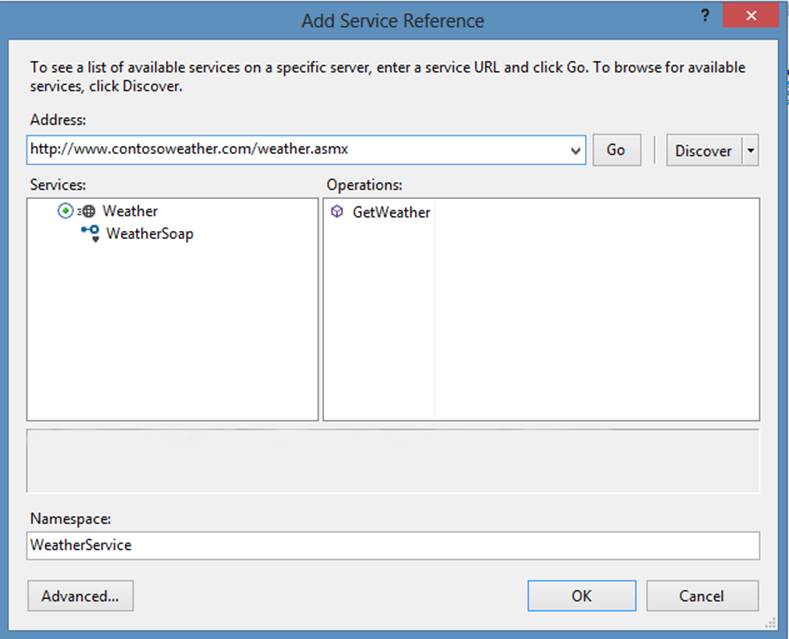 A screenshot of Add Service Reference dialog box in Visual Studio showing how a reference to a WCF service can be added. The Address field contains the URL http://www.contosoweather.com/weather.asmx. The Services box contains Weather, followed by WeatherSoap. The Operations box contains GetWeather. The Namespace box contains WeatherService.