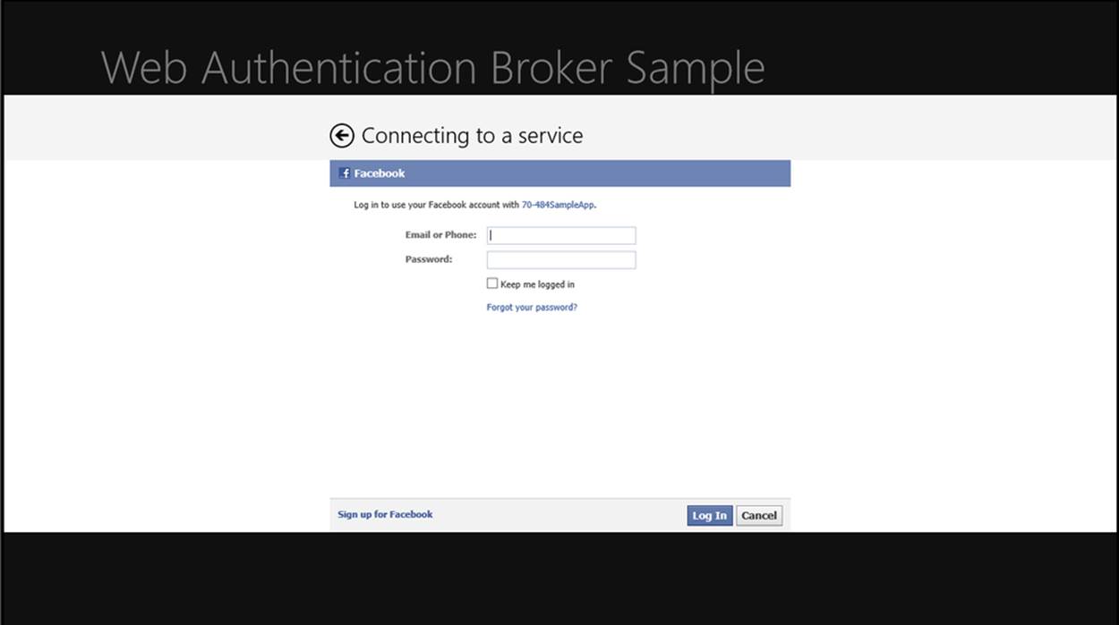 A screenshot of a Windows Store app page titled “Web Authentication Broker Sample. The page displays the text “Connecting to a service” followed by text boxes for entering credentials to log on to Facebook, and Log In and Cancel buttons.