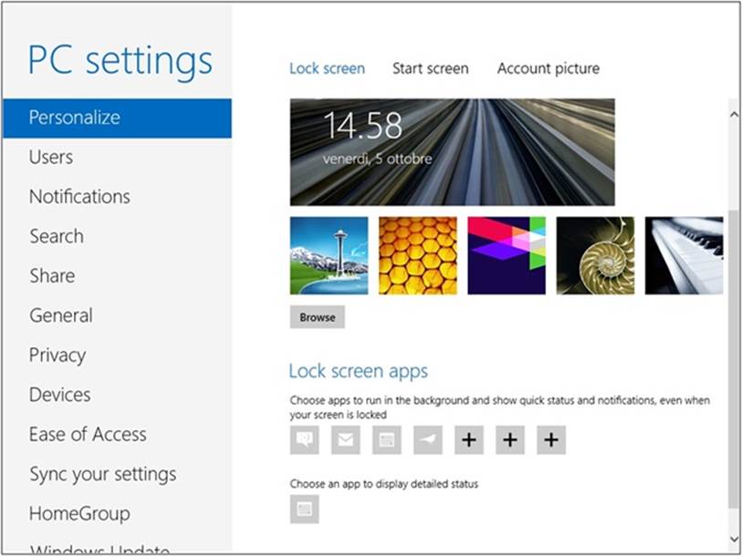 The Lock screen configuration panel in the PC Settings.