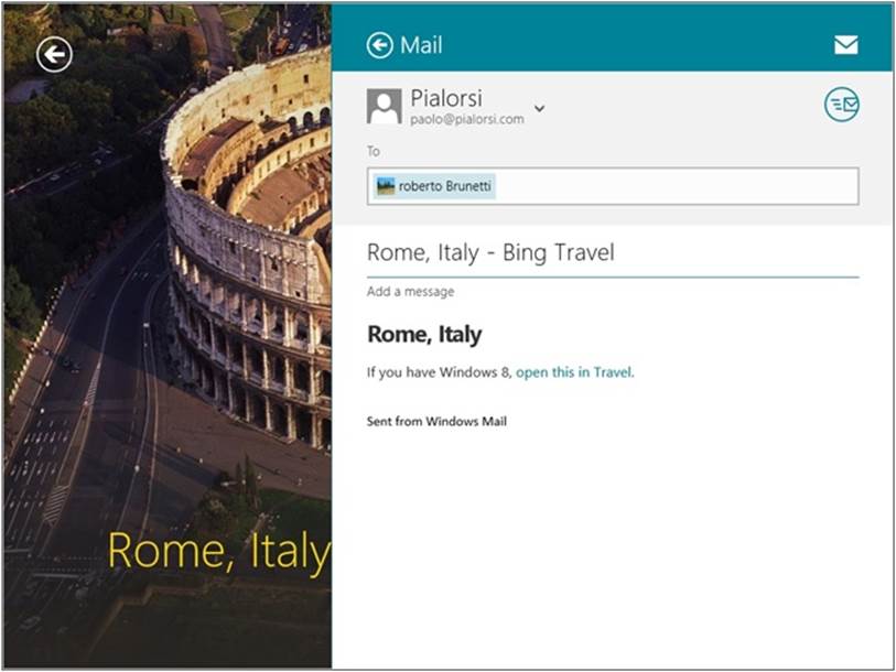 Sharing Rome information by email via the Windows Mail app.