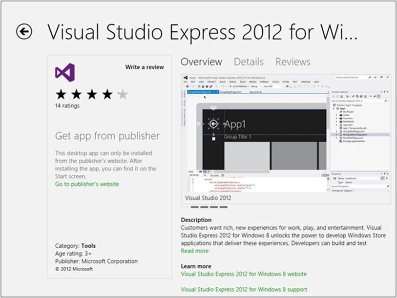 The Visual Studio Express 2012 for Windows 8 page in the Windows Store app.