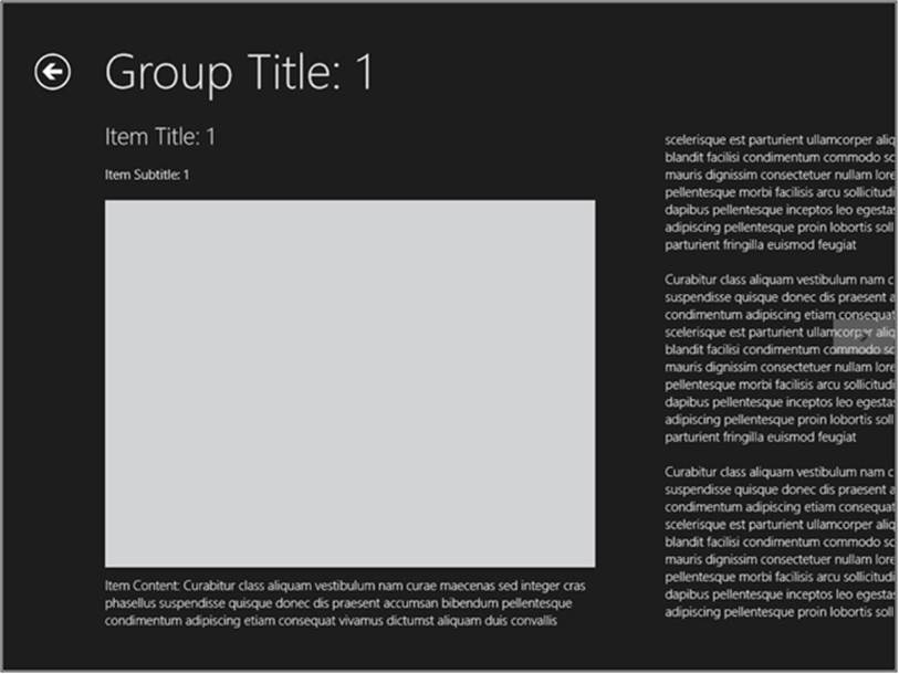The default layout of an item details page created by the Visual Studio 2012 project templates.