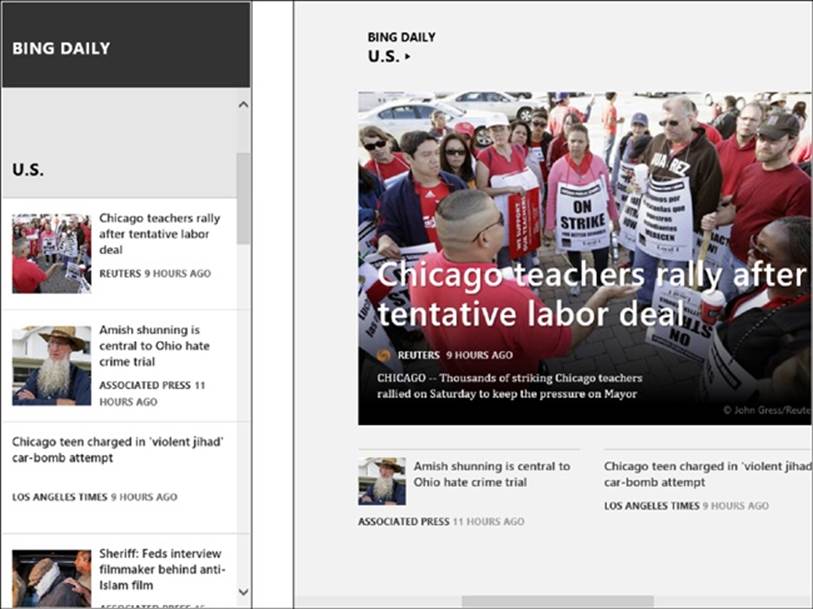 The Bing Daily App running in snapped state (on the left) and in full screen state (on the right).