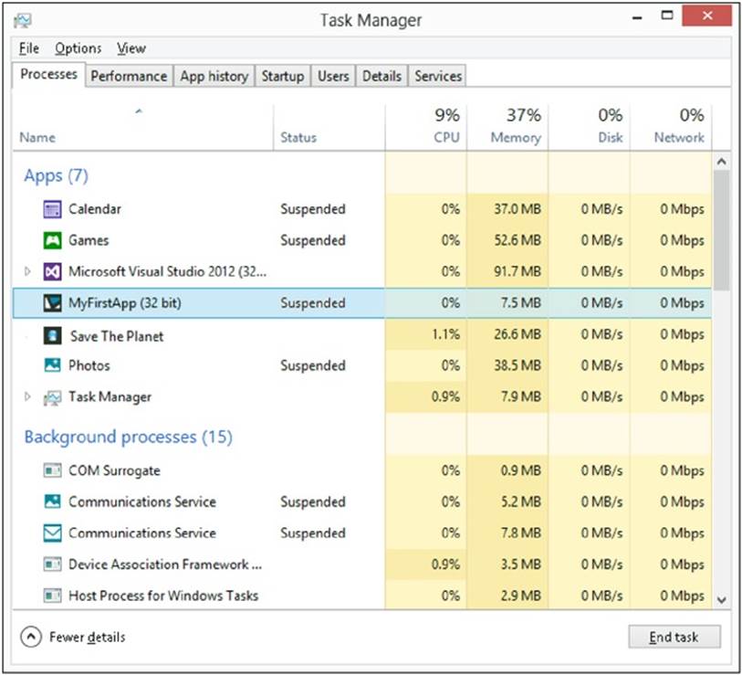 Task Manager showing the suspended/running state for a Windows Store app.