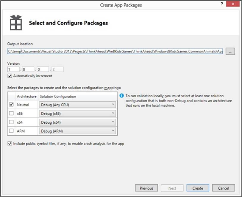 Create App Packages wizard lets you choose the output location, version, and configuration.