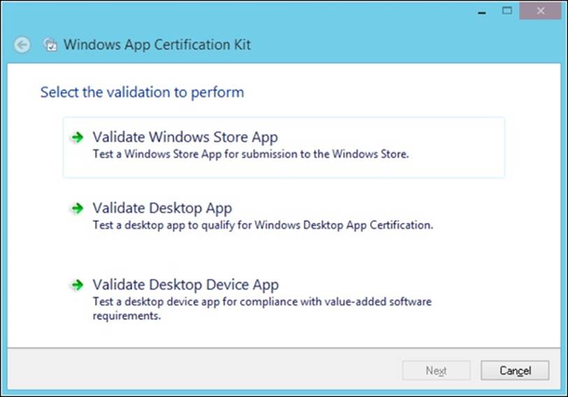 The Windows Application Cert Kit verifies that an application conforms to Windows Store rules.