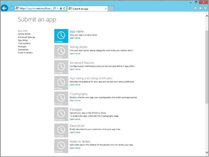 The Submit An App page allows you to fill in information about your application when submitting it to the Windows Store.