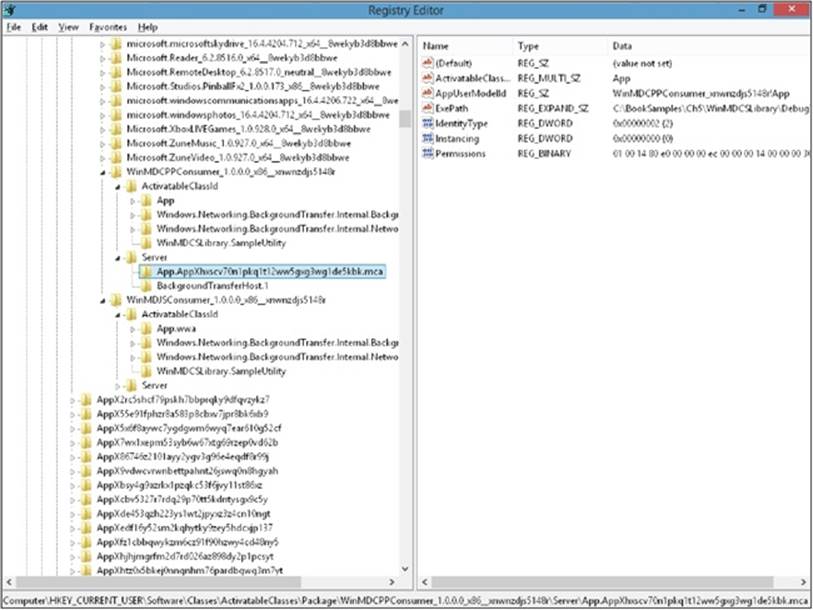 The Registry editor, showing entries made by registering the example apps in this chapter.