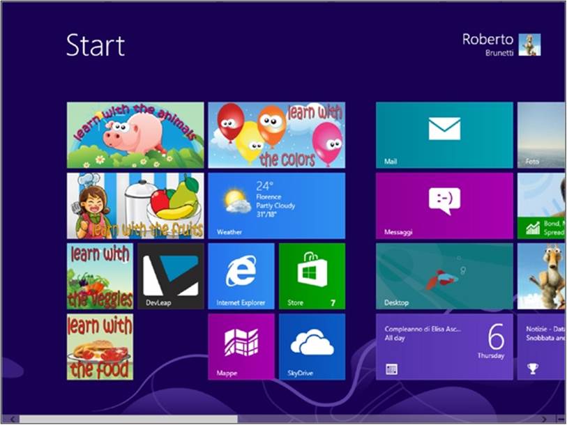 Windows 8 Start screen with square and rectangular tiles grouped by the user.
