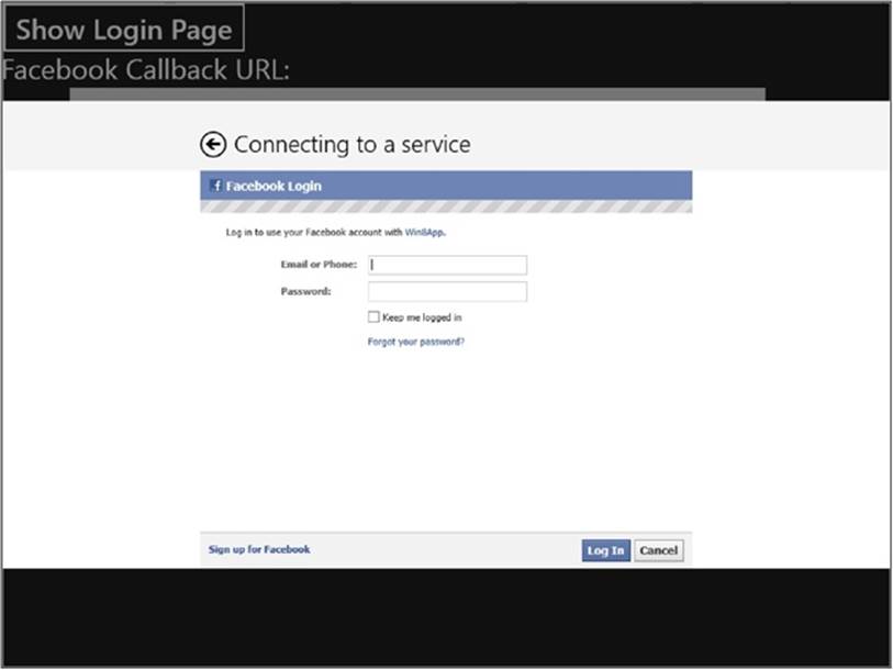 The login page of Facebook within the WebAuthenticationBroker.