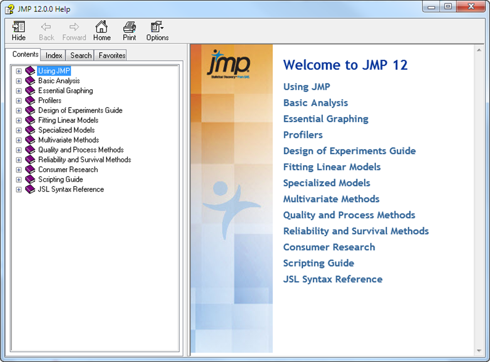 The JMP Help Home Window on Windows