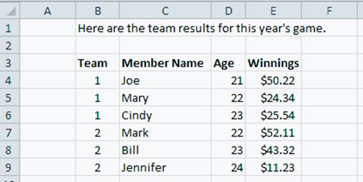 Team Results.xlsx Worksheet