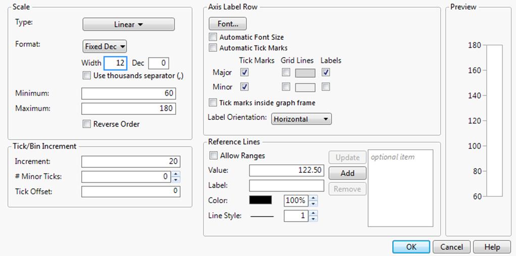 Axis Settings Window for a Numeric (Continuous) Axis