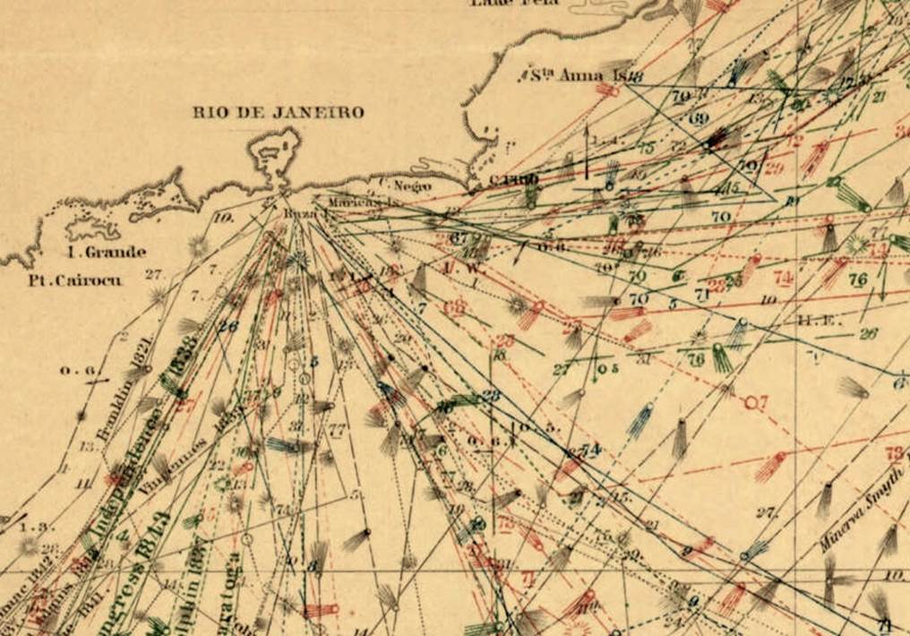 An excerpt from Maury’s Wind and Current Charts that were based on time series data. These charts were used by ship captains to optimize their routes.