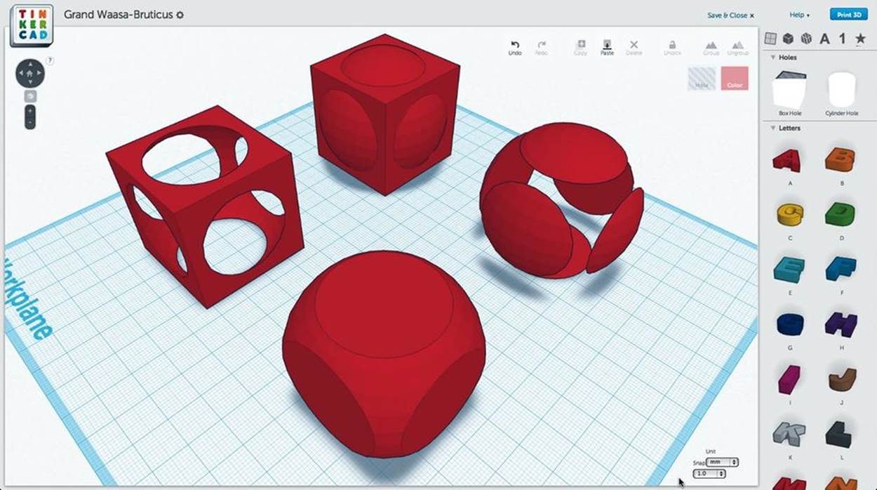 Basic Boolean operations illustrated in Tinkercad. From back to front: union, two possible differences, and intersection of concentric cube and sphere.