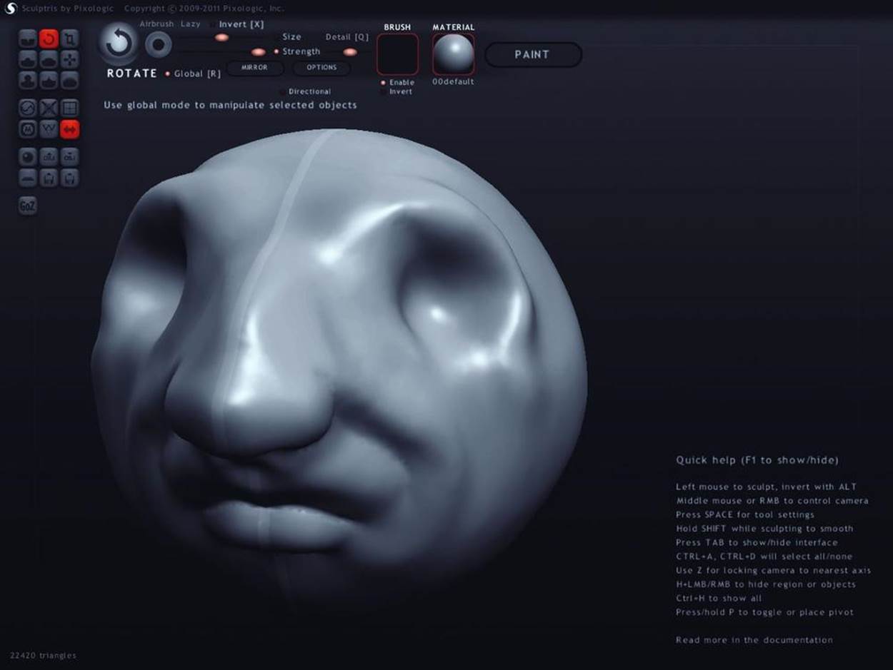 Pixologic’s Sculptris allows you to sculpt 3D models like blobs of clay. Tooltips have names like crease, inflate, smooth, pinch, and flatten.