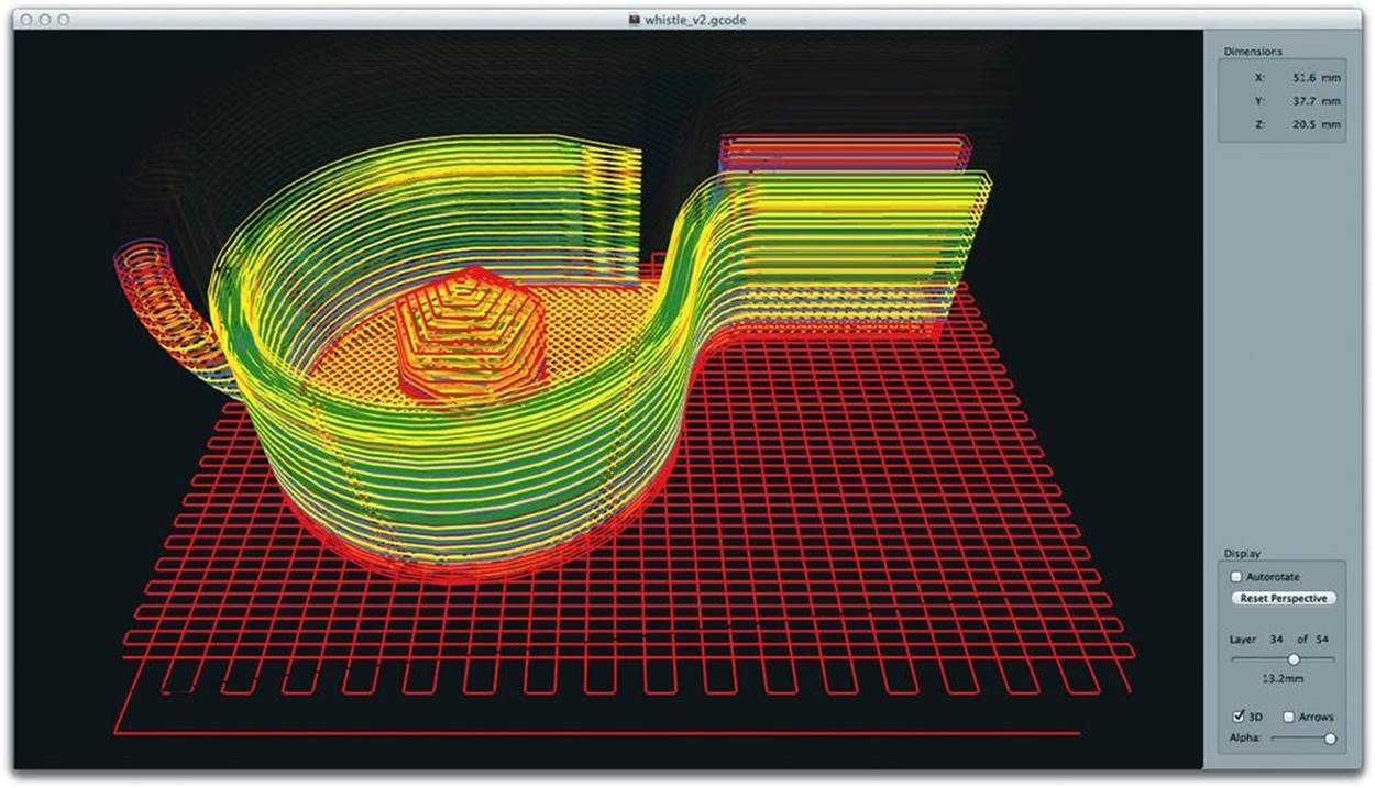 Visualizing G-code in Pleasant3D. The interface allows you to scroll through the toolpaths one layer at a time.